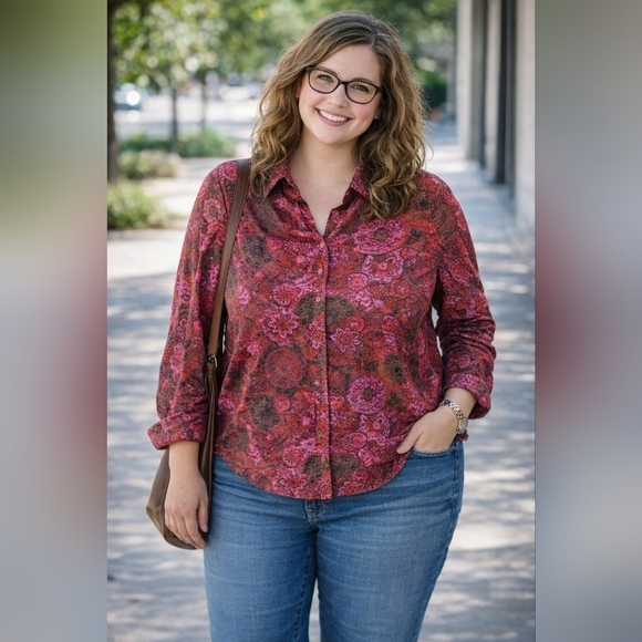 Coldwater Creek Tops - Plus Size Vintage Coldwater Creek boho sheer paisley Button Down Shirt Red 2X